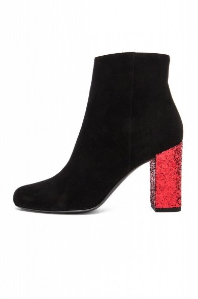 SAINT LAURENT BABIES SUEDE & GLITTER BOOTS black & red – designer booties – chunky glittering heel – high heels – autumn footwear - flipped