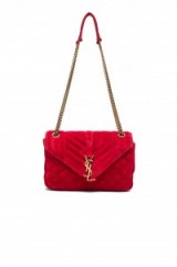 SAINT LAURENT MEDIUM MONOGRAM SLOUCHY SUEDE CHAIN BAG red – luxe flap bags – designer handbags – chain link shoulder strap – luxury accessories – quilted