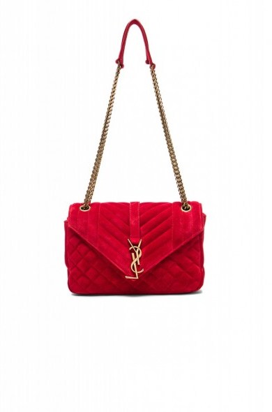 SAINT LAURENT MEDIUM MONOGRAM SLOUCHY SUEDE CHAIN BAG red – luxe flap bags – designer handbags – chain link shoulder strap – luxury accessories – quilted - flipped