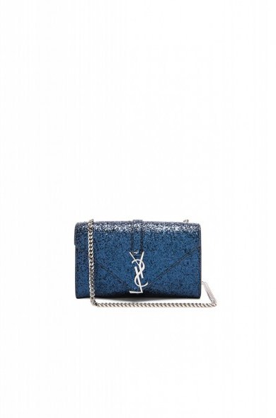 SAINT LAURENT SMALL MONOGRAM GLITTER CHAIN BAG – blue clutch bags – sparkle bags – designer handbags – chain shoulder strap – evening luxe – occasion accessories - flipped