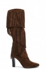 SAINT LAURENT SUEDE LILY FRINGE BOOTS – dark brown knee high boots – fringed footwear – designer fashion – autumn colours – winter accessories – high heeled