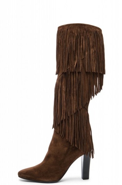 SAINT LAURENT SUEDE LILY FRINGE BOOTS – dark brown knee high boots – fringed footwear – designer fashion – autumn colours – winter accessories – high heeled - flipped