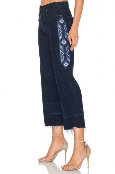 SANDRINE ROSE The Vintage Culotte in sunland. Dark blue denim culottes | embroidered side detail | cropped wide leg trousers | crop raw cut hem jeans | trending now | on-trend casual fashion - flipped