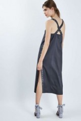 Topshop Satin Dungaree Slip Dress in charcoal. On-trend silky dresses | slinky fabric | cross strap back | midi style | side slit | women’s fashion