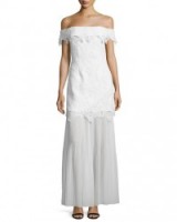 Self Portrait white Off-the-Shoulder Guipure Lace Bridal Gown – bardot bridal gowns – column style wedding dresses
