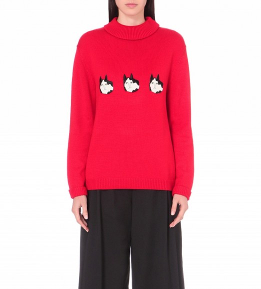 SHRIMPS Hunk embroidered merino wool jumper red – Alan the cat – designer knitwear – relaxed fit jumpers – turtleneck – knitted sweaters – embroidered cats