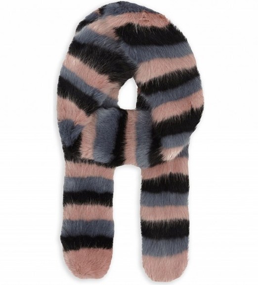 SHRIMPS Lilou faux-fur scarf – striped fluffy scarves – soft luxe style – designer winter accessories – black grey & pink - flipped