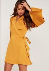 missguided silky kimono sleeve swing dress yellow ~ affordable luxe ~ side tie wrap dresses ~ wide sleeves ~ belted ~ going out fashion