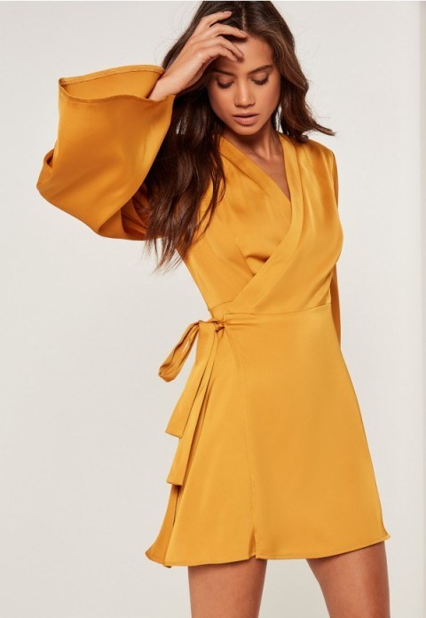 missguided silky kimono sleeve swing dress yellow ~ affordable luxe ~ side tie wrap dresses ~ wide sleeves ~ belted ~ going out fashion - flipped