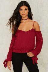 Nasty Gal Slip Away Red Off-the-Shoulder Top ~ strappy cold shoulder tops ~ trending fashion ~ tie sleeves