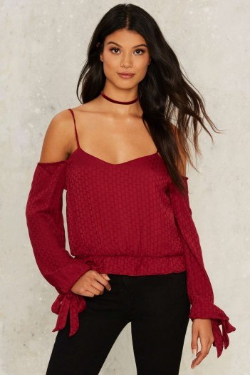 Nasty Gal Slip Away Red Off-the-Shoulder Top ~ strappy cold shoulder tops ~ trending fashion ~ tie sleeves - flipped