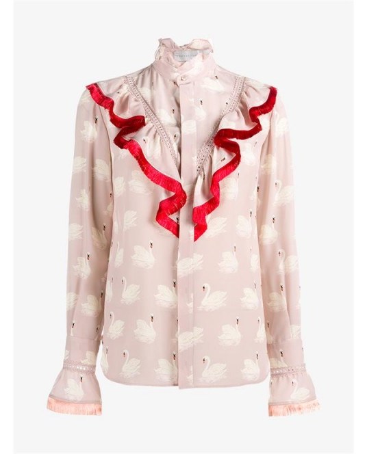 STELLA MCCARTNEY Swan Print Silk Shirt ~ printed ruffled shirts ~ high neck blouses ~ ruffles ~ fills ~ romantic style fashion ~ designer clothing - flipped