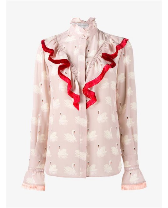 STELLA MCCARTNEY Swan Print Silk Shirt ~ printed ruffled shirts ~ high neck blouses ~ ruffles ~ fills ~ romantic style fashion ~ designer clothing