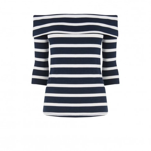 warehouse blue stripe off the shoulder top ~ bardot tops ~ french style clothing ~ on-trend fashion ~ navy & white ~ close fit - flipped