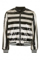 Topshop Stripe Sequin Bomber Jacket – as worn by Olivia Palermo at the Topshop Unique fashion show during LFW Spring/Summer 2017. Celebrity sequined jackets | star style outerwear | front row celebrities | black and white stripes | on trend clothing