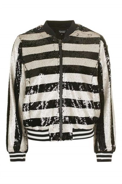 Topshop Stripe Sequin Bomber Jacket – as worn by Olivia Palermo at the Topshop Unique fashion show during LFW Spring/Summer 2017. Celebrity sequined jackets | star style outerwear | front row celebrities | black and white stripes | on trend clothing - flipped