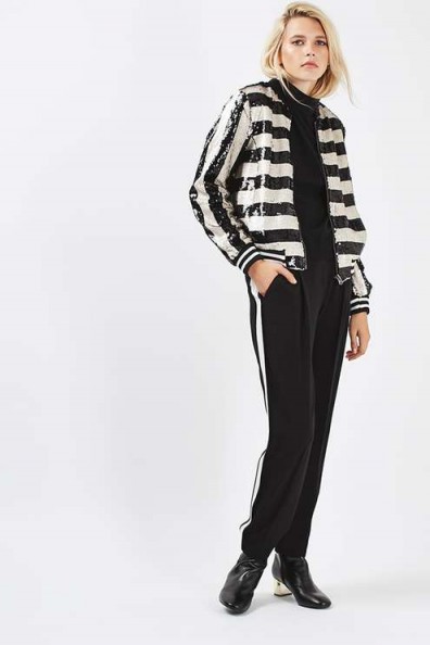 Topshop Stripe Sequin Bomber Jacket as worn by Olivia Palermo at London Fashion Week, September 2016. Casual jackets | sequined outerwear | black and white stripes | on trend fashion