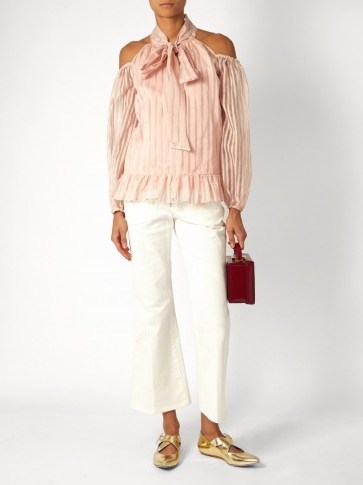 ANNA OCTOBER Apricot-pink striped-organdy cold-shoulder ruffle trim blouse. Romantic blouses | womens luxury ruffled tops | pussy bow | neck tie | designer on trend fashion | semi sheer clothing - flipped