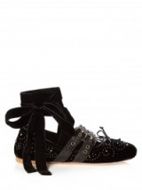 MIU MIU Stud-embellished velvet ballet flats black. Ankle wrap flats | luxe flat shoes | on-trend footwear | silver studs | studded accessories | ankle ties | ballerina