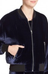 T by Alexander Wang Slightly Batted Velvet Zip Front Bomber Jacket navy. Casual jackets | sports luxe | designer leisurewear | soft fabric