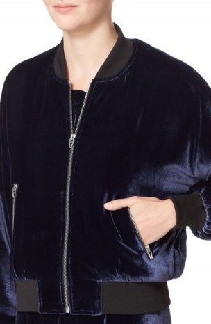 T by Alexander Wang Slightly Batted Velvet Zip Front Bomber Jacket navy. Casual jackets | sports luxe | designer leisurewear | soft fabric - flipped