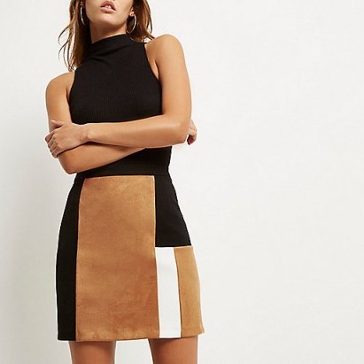 river island tan block panel mini skirt – Autumn skirts – outfit inspiration – black & brown tones – neutral colours – neutrals – affordable luxe – faux suede fashion - flipped