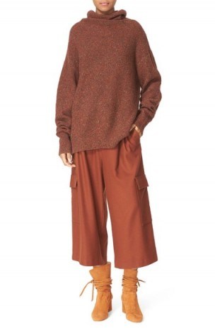 Tibi Terracotta Funnel Neck Oversize Wool Blend Pullover. Slouchy jumpers | Autumn colours | neutrals | winter knitwear | loose fit pullovers | warm knitted fashion | high neckline sweaters - flipped