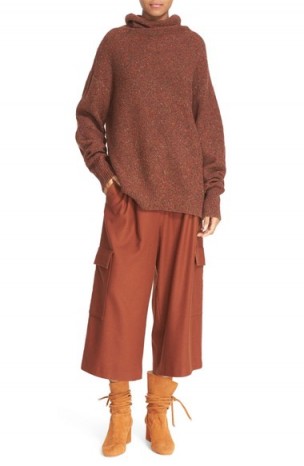 Tibi Terracotta Funnel Neck Oversize Wool Blend Pullover. Slouchy jumpers | Autumn colours | neutrals | winter knitwear | loose fit pullovers | warm knitted fashion | high neckline sweaters