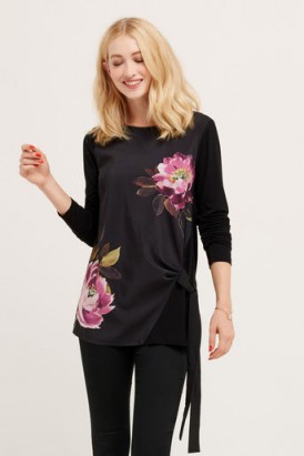 OASIS Black Tie side rose print top ~ long sleeved floral printed tops ~ flower prints ~ draped style ~ feminine fashion