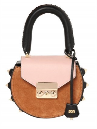 SALAR MINI MIMI COLOR BLOCKED SUEDE BAG brown/pink – in the style of Olivia Palermo (Olivia carried a pink Mini Mimi bag) at the Altuzarra show during New York Fashion Week, 11 September 2016. Celebrity top handle bags | star style bags | small handbags | stud embellished | luxe accessories | studded | side studs - flipped