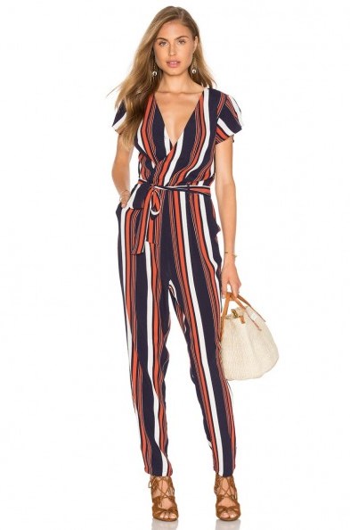 TULAROSA ~ MONTANA JUMPSUIT in 70s stripe. Striped jumpsuits | plunge front fashion | plunging neckline | Deep V neckline | stripes - flipped
