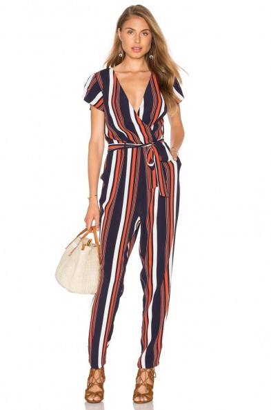 TULAROSA ~ MONTANA JUMPSUIT in 70s stripe. Striped jumpsuits | plunge front fashion | plunging neckline | Deep V neckline | stripes