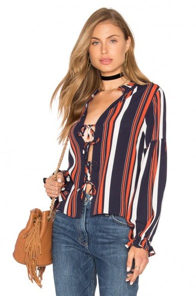 TULAROSA ~ NALA BLOUSE in 70s stripe. Front tie blouses | striped tops | ruffle trim neckline and cuffs | on-trend fashion | Autumn colours - flipped