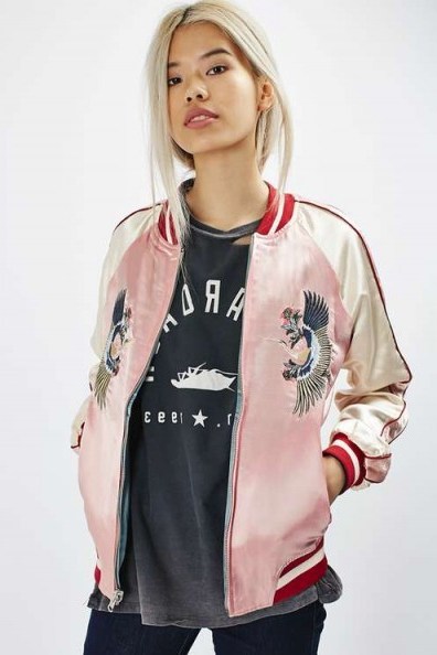Topshop Two-in-One Reversible Bomber Jacket in pink/blue. On-trend clothing | fashion trending now | casual jackets | bird embroidered sateen | birds | embroidery - flipped