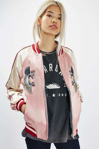 Topshop Two-in-One Reversible Bomber Jacket in pink/blue. On-trend clothing | fashion trending now | casual jackets | bird embroidered sateen | birds | embroidery