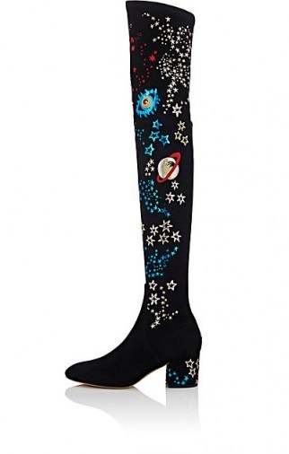 VALENTINO Astro Couture Black Stretch Suede Over-The-Knee Boots – designer footwear – autumn fashion – luxe accessories – chunky mid heel – metallic leather and suede cosmic appliqués - flipped