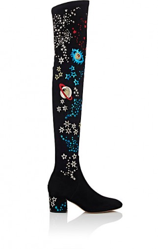 VALENTINO Astro Couture Black Stretch Suede Over-The-Knee Boots – designer footwear – autumn fashion – luxe accessories – chunky mid heel – metallic leather and suede cosmic appliqués