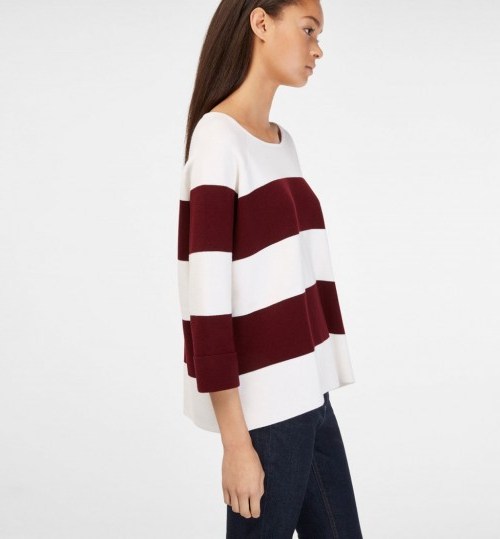 Massimo Dutti Burgundy Striped Cape-Style Sweater ~ dark red & white stripe sweaters ~ stripes ~ casual stylish knitwear ~ weekend jumpers with style ~ autumn fashion - flipped