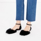 WAREHOUSE ~ FAUX FUR ROUNDED BALLET PUMP black. On-trend flats | ankle strap flat shoes | chic flat pumps | feminine and cute | trending footwear