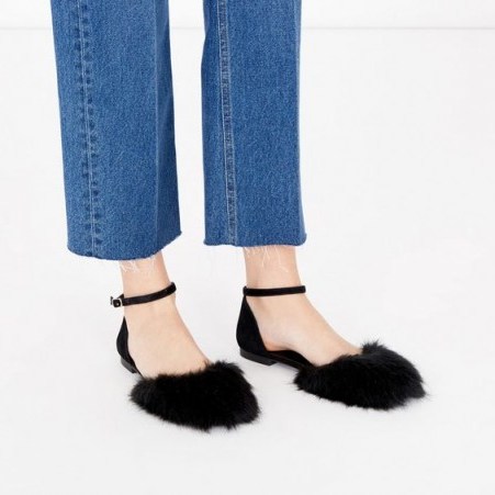 WAREHOUSE ~ FAUX FUR ROUNDED BALLET PUMP black. On-trend flats | ankle strap flat shoes | chic flat pumps | feminine and cute | trending footwear - flipped