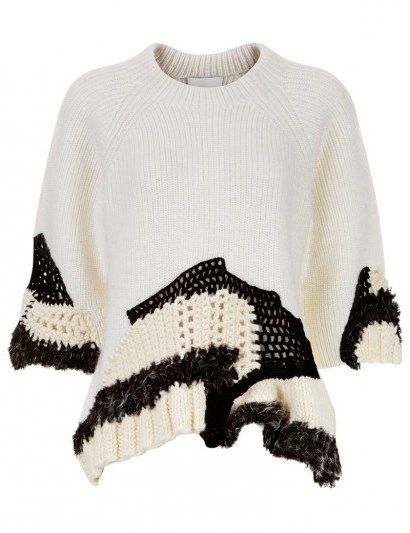 3.1 PHILLIP LIM White Knitted Crochet Jumper ~ stylish knitwear ~ luxe jumpers ~ knitted designer fashion ~ faux fur detail ~ mixed panels ~ crew neck sweaters ~ knits with style ~ round neckline - flipped