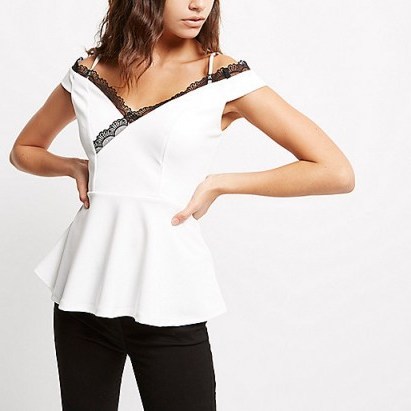 river island White lace trim peplum top ~ cold shoulder bardot tops ~ evening wear ~ going out fashion - flipped