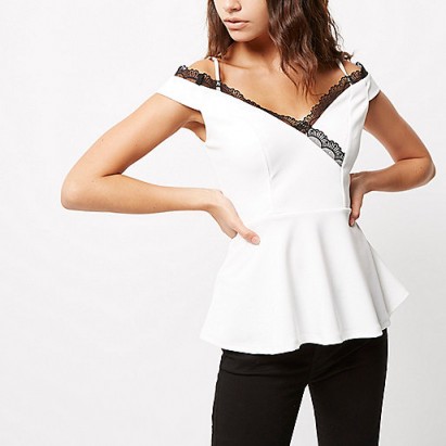 river island White lace trim peplum top ~ cold shoulder bardot tops ~ evening wear ~ going out fashion