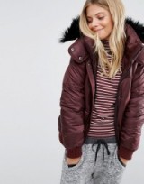 Womens Winter Jackets – Abercrombie & Fitch Padded Jacket with Faux Fur Trimmed Hood in Port Royal
