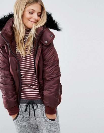 Womens Winter Jackets – Abercrombie & Fitch Padded Jacket with Faux Fur Trimmed Hood in Port Royal - flipped