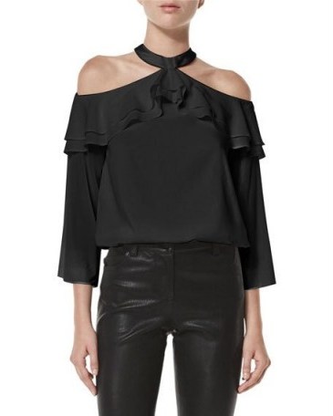 Alice + Olivia Layla Cold-Shoulder Ruffle Blouson Top in Black - flipped