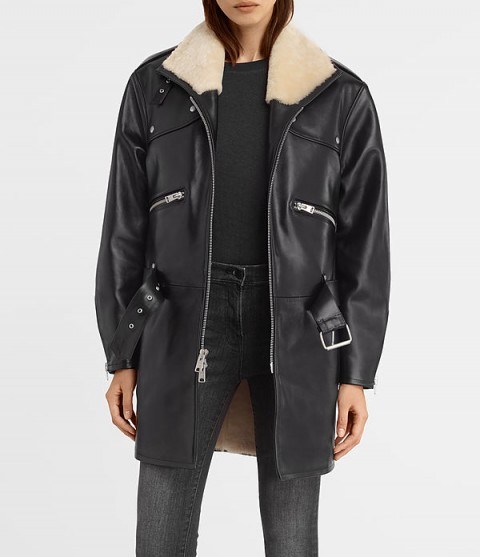 AllSaints Collins black leather shearling coat - flipped