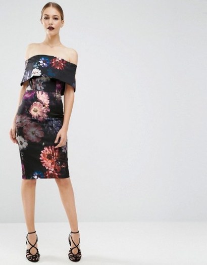 ASOS Dark Floral Bardot Pencil Dress ~ off the shoulder dresses - flipped