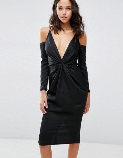Party Dresses – Going Out Fashion – ASOS Drape Front Black Midi Dress With Cold Shoulder - flipped