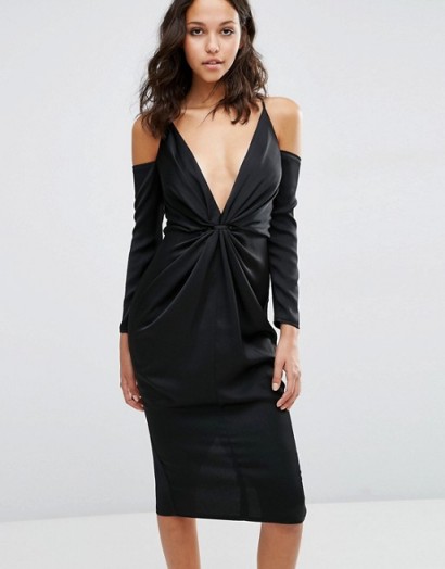 Party Dresses – Going Out Fashion – ASOS Drape Front Black Midi Dress With Cold Shoulder
